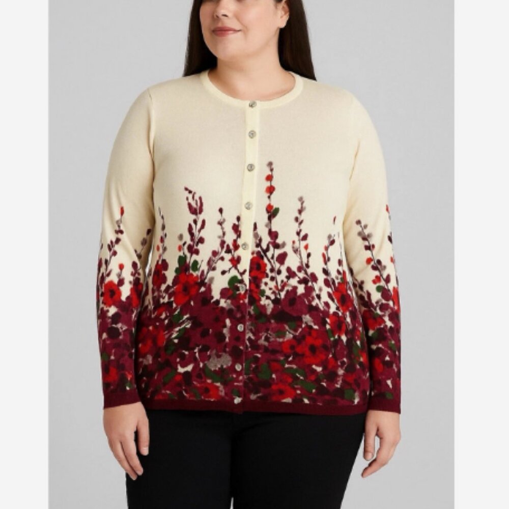 C.D. Daniels Cardigan Sweater Women’s 2X Floral Rhinestone Cream Red Burgundy